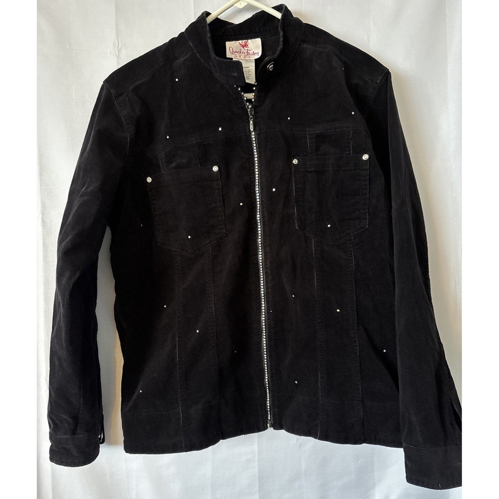 Quacker Factory‎ Jacket Womens M Black Micro Corduroy Rhinestone Zipper